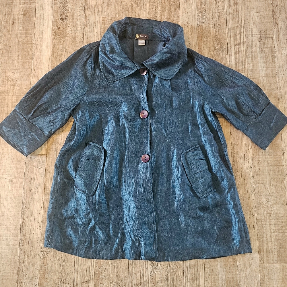 DAMEE INC Pewter Long Swing Jacket Pockets Aqua Color Statement Collar